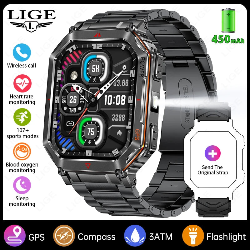LIGE NEW 2025 GPS Smartwatch 2.01" HD Screen Compass Barometric Altimeter 450mAh Battery BT Voice Calling Smart Watch 107 Sports