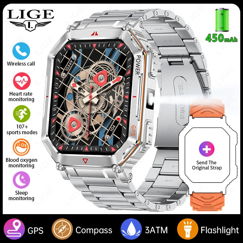 LIGE NEW 2025 GPS Smartwatch 2.01" HD Screen Compass Barometric Altimeter 450mAh Battery BT Voice Calling Smart Watch 107 Sports