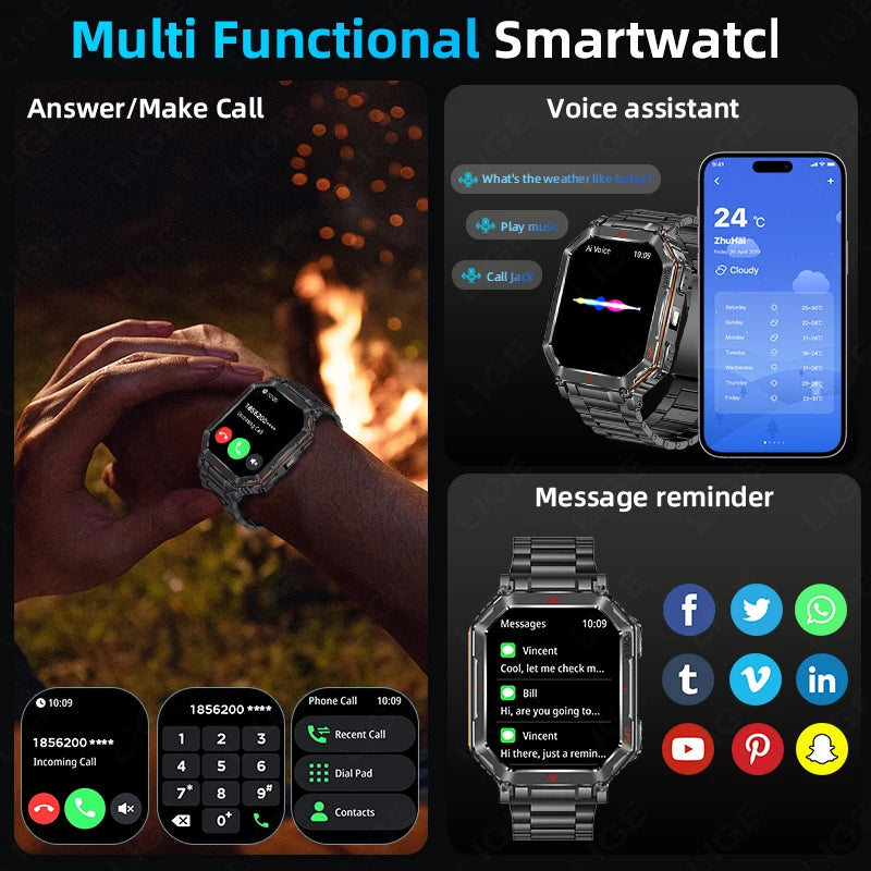 LIGE NEW 2025 GPS Smartwatch 2.01" HD Screen Compass Barometric Altimeter 450mAh Battery BT Voice Calling Smart Watch 107 Sports