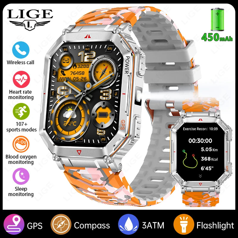 LIGE NEW 2025 GPS Smartwatch 2.01" HD Screen Compass Barometric Altimeter 450mAh Battery BT Voice Calling Smart Watch 107 Sports