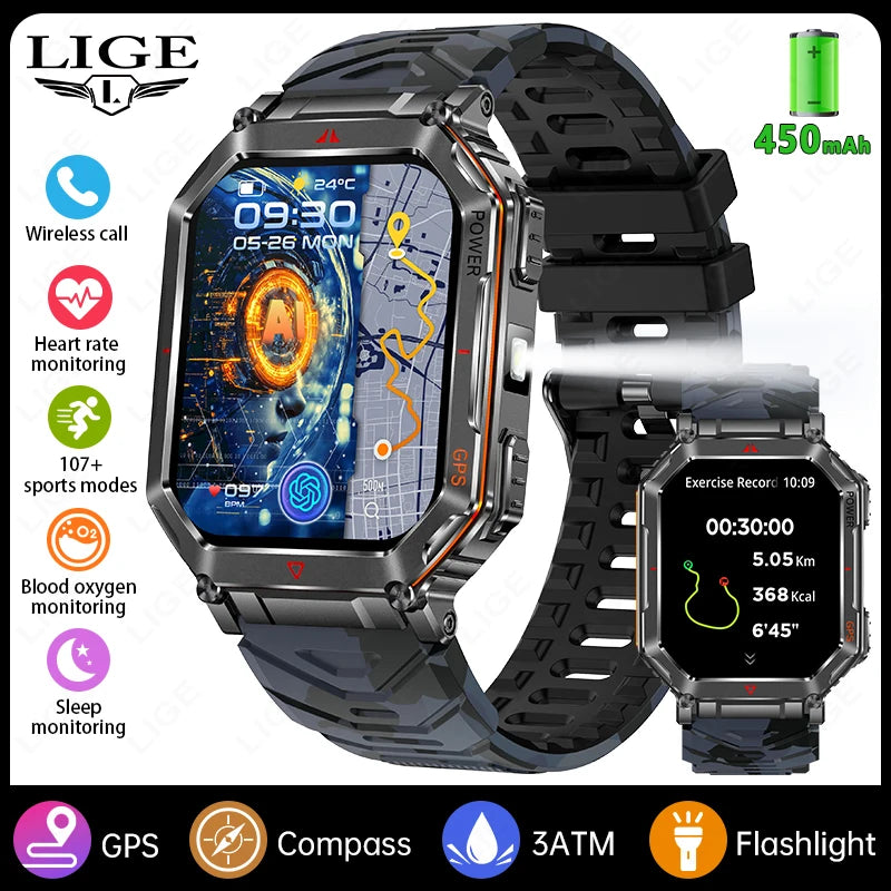 LIGE NEW 2025 GPS Smartwatch 2.01" HD Screen Compass Barometric Altimeter 450mAh Battery BT Voice Calling Smart Watch 107 Sports