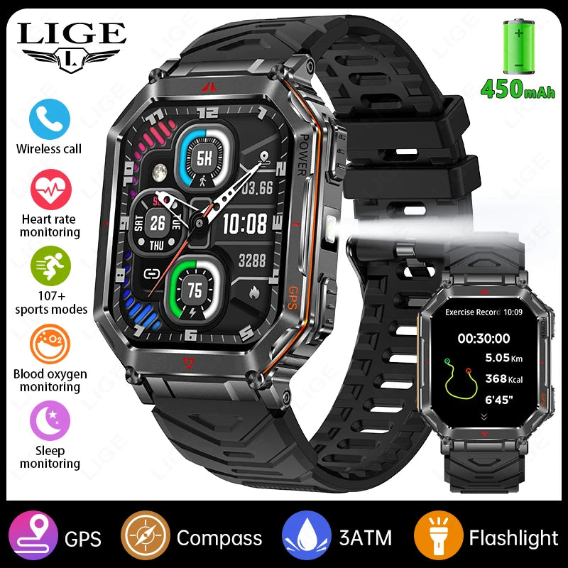 LIGE NEW 2025 GPS Smartwatch 2.01" HD Screen Compass Barometric Altimeter 450mAh Battery BT Voice Calling Smart Watch 107 Sports